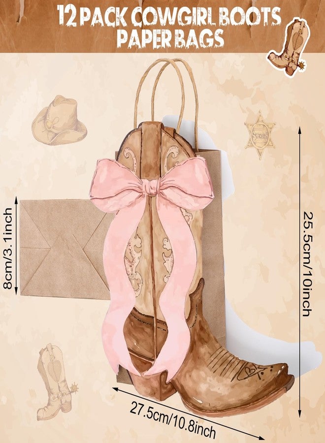 Sinload 12 Western Gift Bags Cowgirl Cowboy Boots Paper Bags with Pink Bow Handles Candy Goodie Treat Grocery Shopping for Cowgirl Party Supplies Birthday Western Party Favors (Brown Style) - Image 2