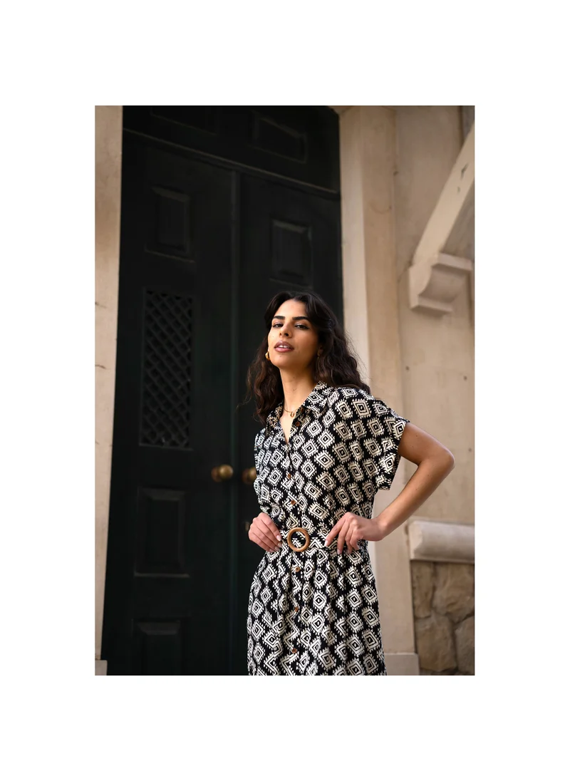 Yumi Black Viscose Midi Shirt Dress With Matching Belt