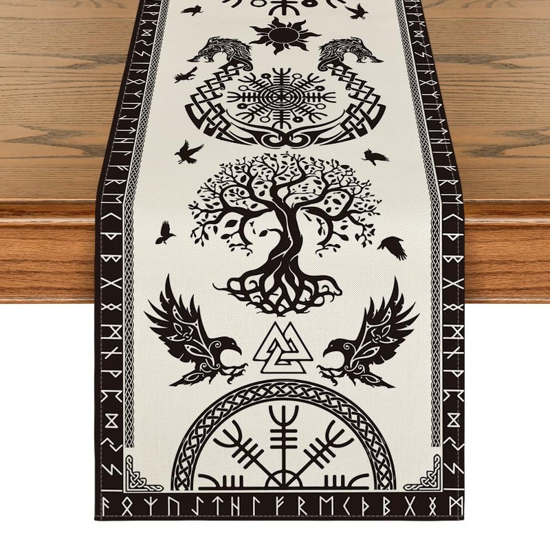 Artoid Mode Beige Viking Tree of Life Raven Helmet of Awe Table Runner Seasonal Kitchen Dining Table Decoration for Home Party Decor 13x72 Inch