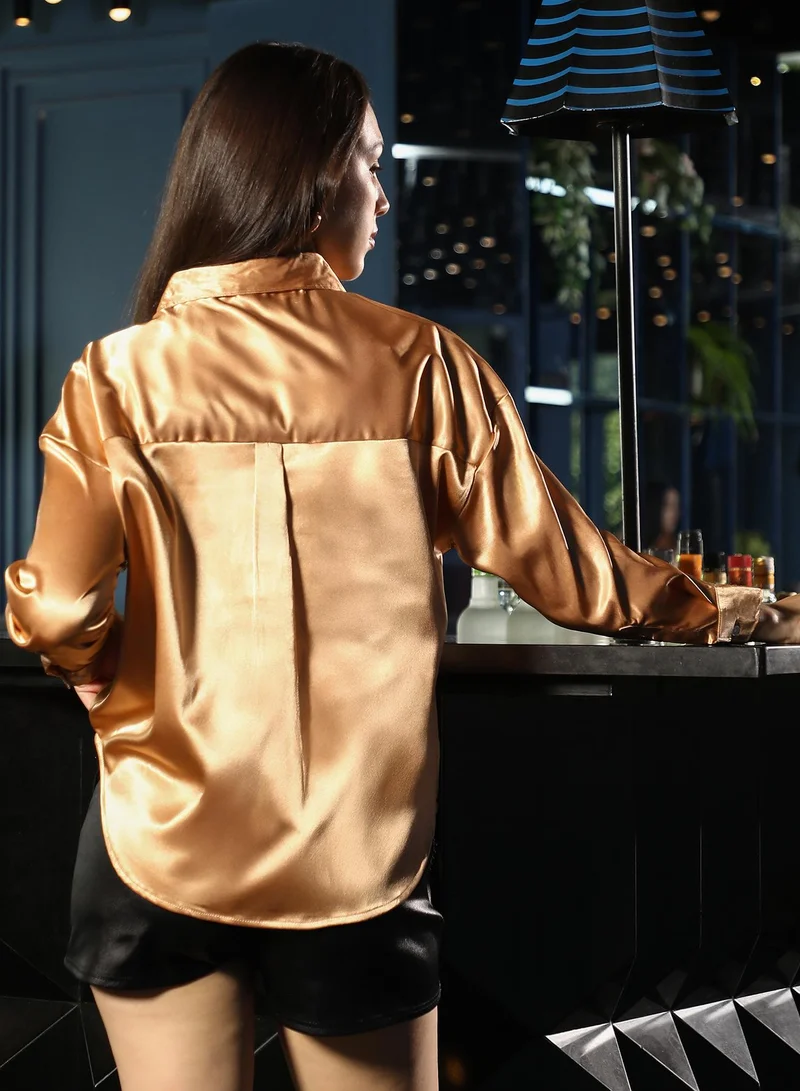 PINACOLADA  Women's Buff Beige Solid Satin Oversized Shirt | نساء | أكمام طويلة | سادة | طوق منتشر | كاجوال كبير الحجم | قميص for Women | Best Price UAE
