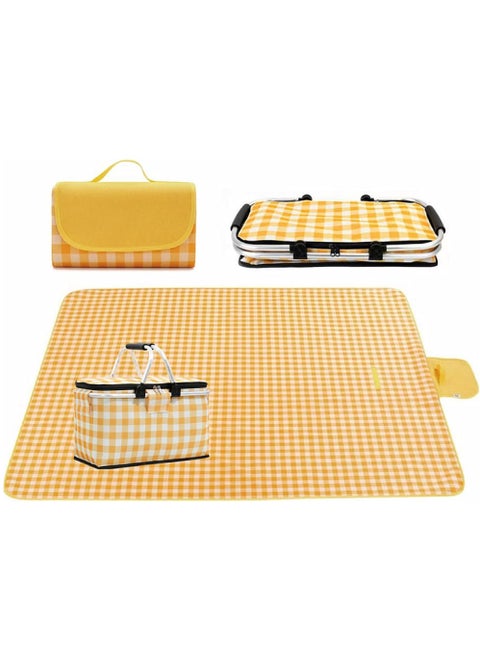 Picnic Mat and Basket Beach and Desert Mat Foldable Cooler Bag and Picnic Blanket 145CM*200CM Large Size Waterproof and Sandproof Camping Mat (Mat and Basket)