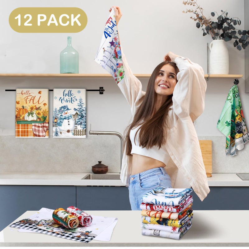 FuWeave 12 Pcs Seasonal Kitchen Towels Set for All Seasons Spring Summer St Patricks Day Easter Holiday Hand Dish Drying Tea Towels Cute Dishcloths Decorative Wash Cloths  21.3 x 14.2 Inch - Image 4