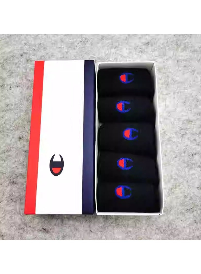 Champion Chao brand solid color pure cotton socks for men and women, thickened towel bottom, deodorant and sweat-absorbent mid-tube socks, casual running sports socks, thin style (5 pairs, black mid-tube socks) - Image 2