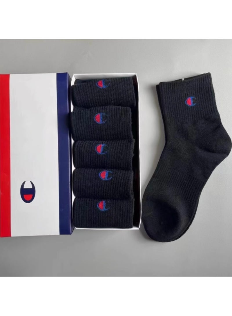 Champion Chao brand solid color pure cotton socks for men and women, thickened towel bottom, deodorant and sweat-absorbent mid-tube socks, casual running sports socks, thin style (5 pairs, black mid-tube socks) - Image 1