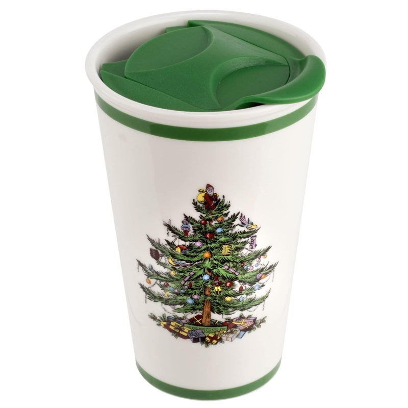 Spode Christmas Tree Travel Mug with Lid  8 Oz Coffee Mug for Holiday Drinks Dishwasher  Microwave Safe Ceramic Tumbler  Festive Christmas Design for OnTheGo Christmas Tree