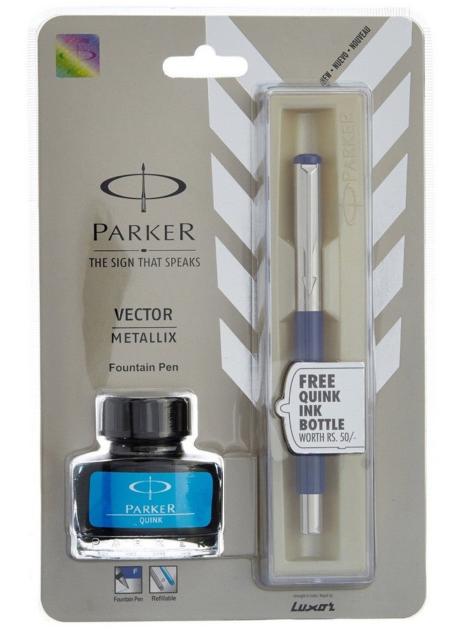 PARKER Parker Vector Metallix Chrome Trim Fountain Pen (Fine Nib) | Blue Body Color with Quink Ink Bottle | Novel Gifts for Professionals| Ideal for Corporate Use - Image 1
