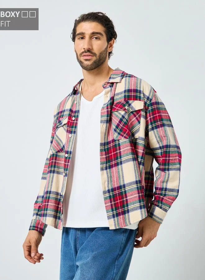 ستايلي Styli Men Boxy Fit Plaid Shirt with Flap Pocket
