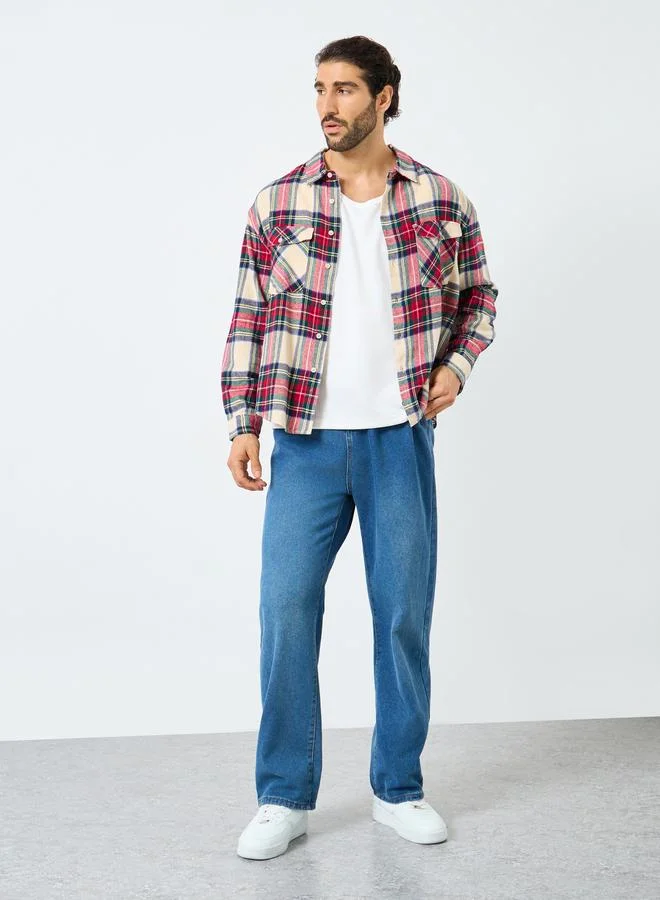 Styli Men Boxy Fit Plaid Shirt with Flap Pocket