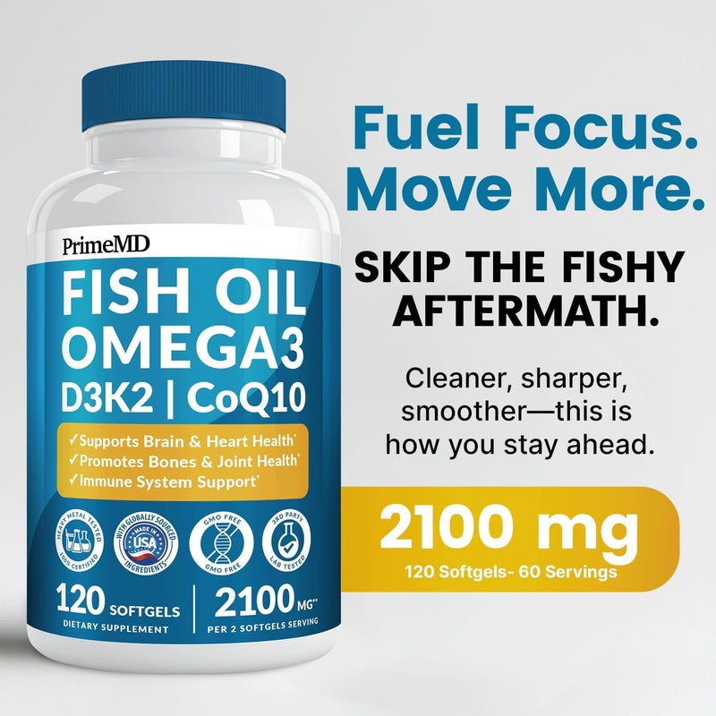 PrimeMD 5in1 Fish Oil Omega 3 Fatty Supplements 2100mg  Omega 3 Fish Oil with Vitamins D3 K2 and CoQ10  Lemon Flavored 120 softgels - Image 2
