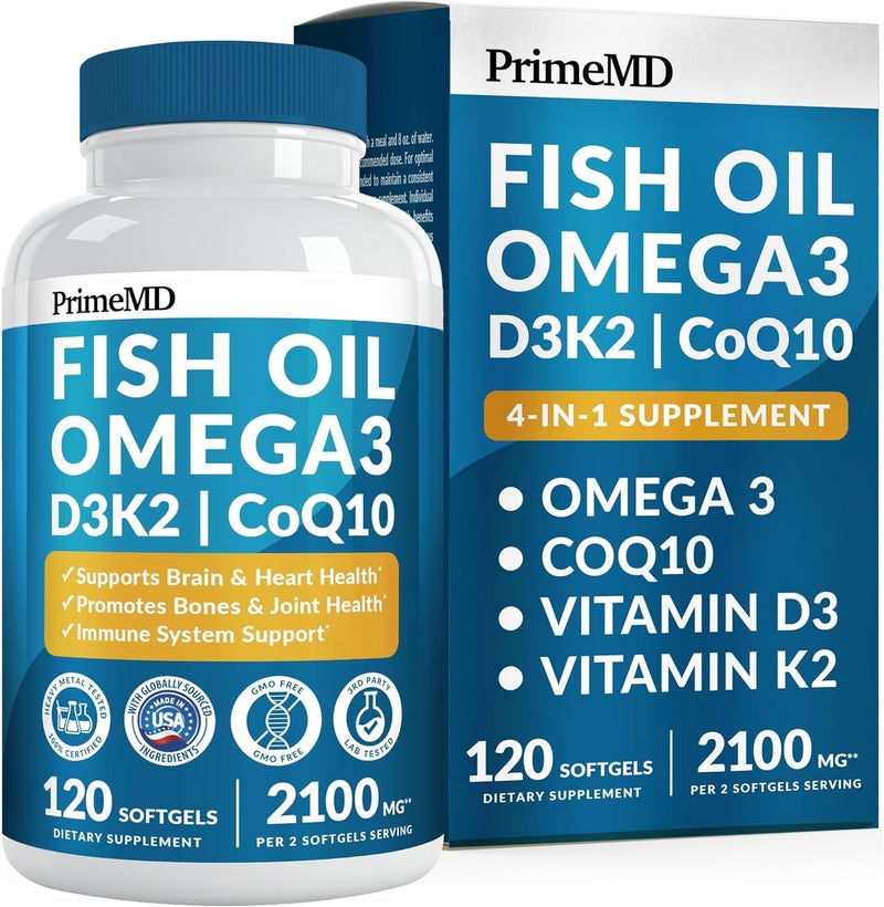 PrimeMD 5in1 Fish Oil Omega 3 Fatty Supplements 2100mg  Omega 3 Fish Oil with Vitamins D3 K2 and CoQ10  Lemon Flavored 120 softgels - Image 1