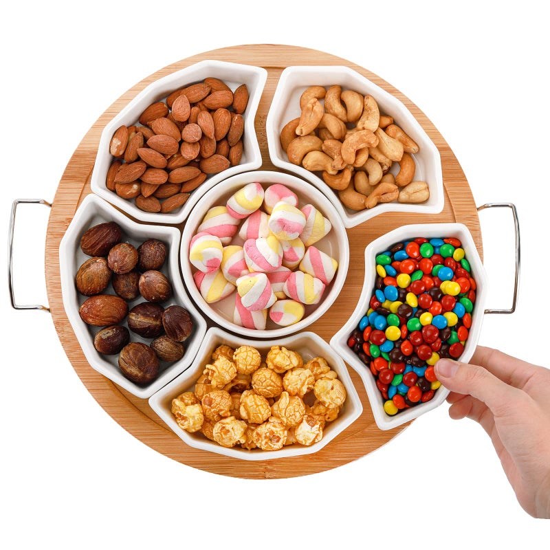 ZENFUN Serving Tray and Platter 11 Divided Dip Bowls with Bamboo Tray 6Compartment Removable Appetizer Snack Bowls Round Sectional Serving Platter for Chips and Dip Fruits Condiment