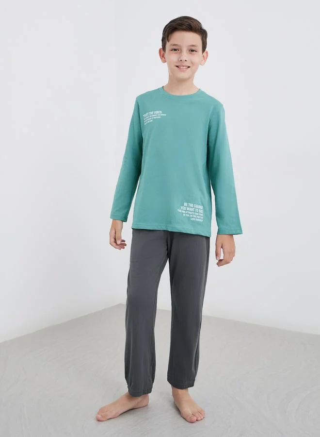 ستايلي Styli Slogan Print Cotton T-Shirt and Pyjama Set