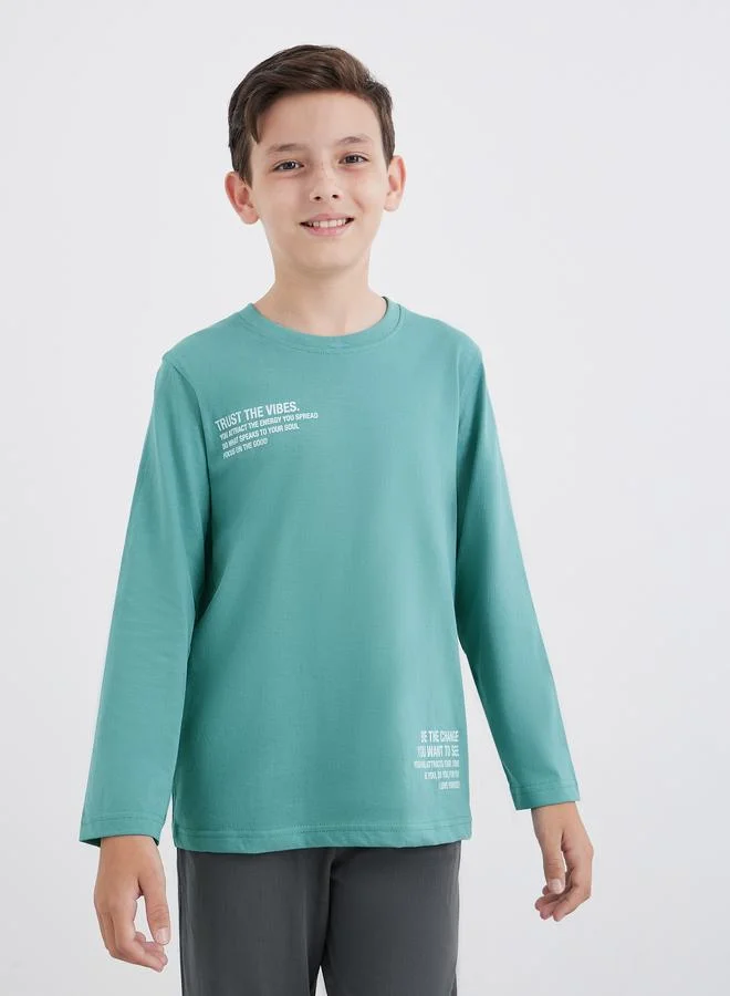 ستايلي Styli Slogan Print Cotton T-Shirt and Pyjama Set