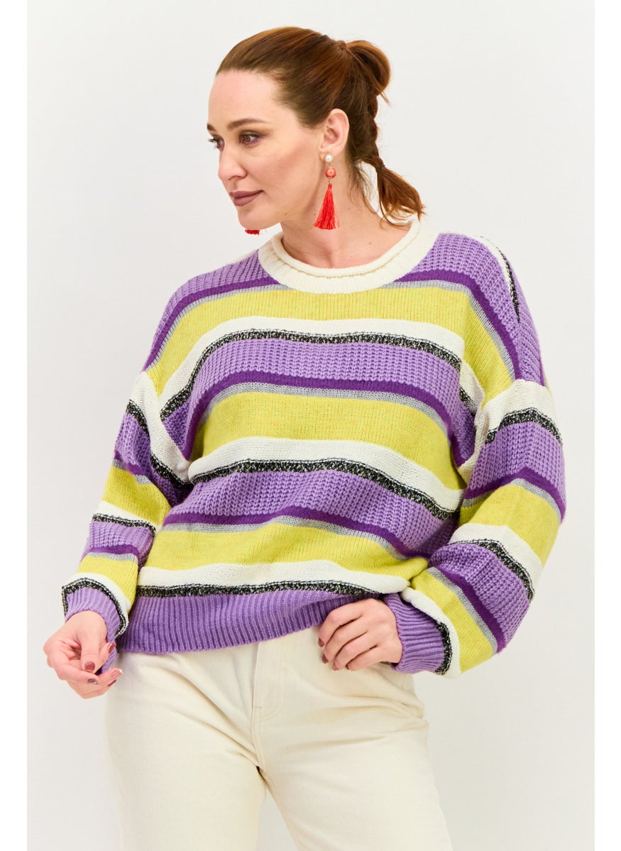 ONLY Women Crew Neck Long Sleeves Stripe Sweater, Purple Combo  - Image 1