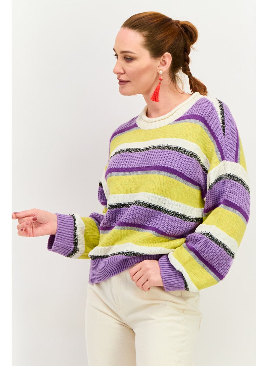 ONLY Women Crew Neck Long Sleeves Stripe Sweater, Purple Combo  - Image 3