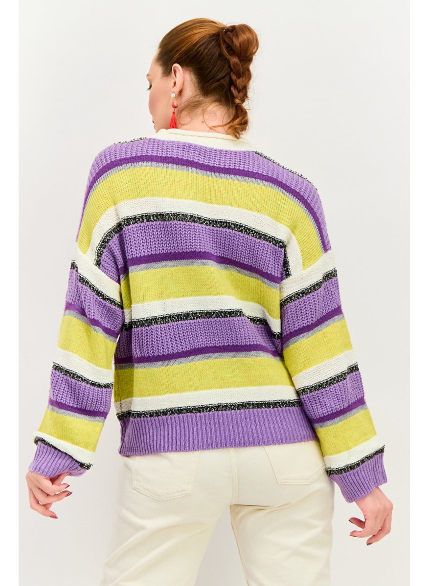 ONLY Women Crew Neck Long Sleeves Stripe Sweater, Purple Combo  - Image 2