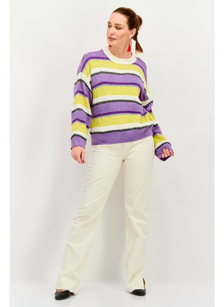 ONLY Women Crew Neck Long Sleeves Stripe Sweater, Purple Combo  - Image 4