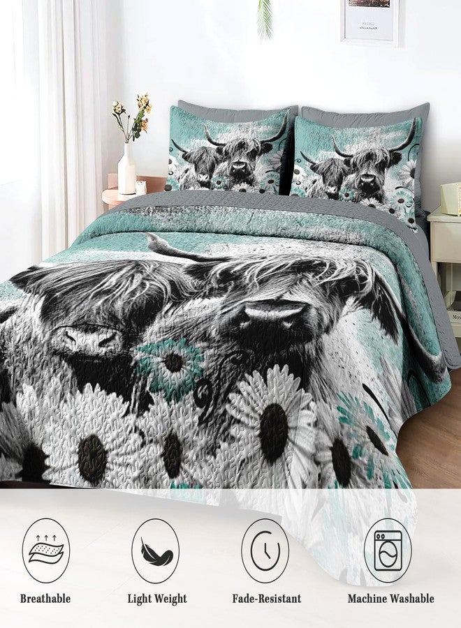 Pamnest Quilt Set King Size, Highland Cow Animal 3 Pcs Soft Bed Cover Bedding Set for Kids and Adults, Farm Daisy Lightweight Bedspread Coverlet with Pillow Sham for All Season - Image 4