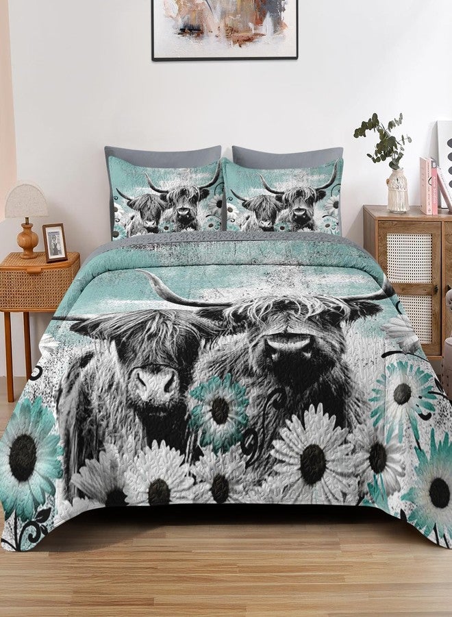 Pamnest Quilt Set King Size, Highland Cow Animal 3 Pcs Soft Bed Cover Bedding Set for Kids and Adults, Farm Daisy Lightweight Bedspread Coverlet with Pillow Sham for All Season - Image 1