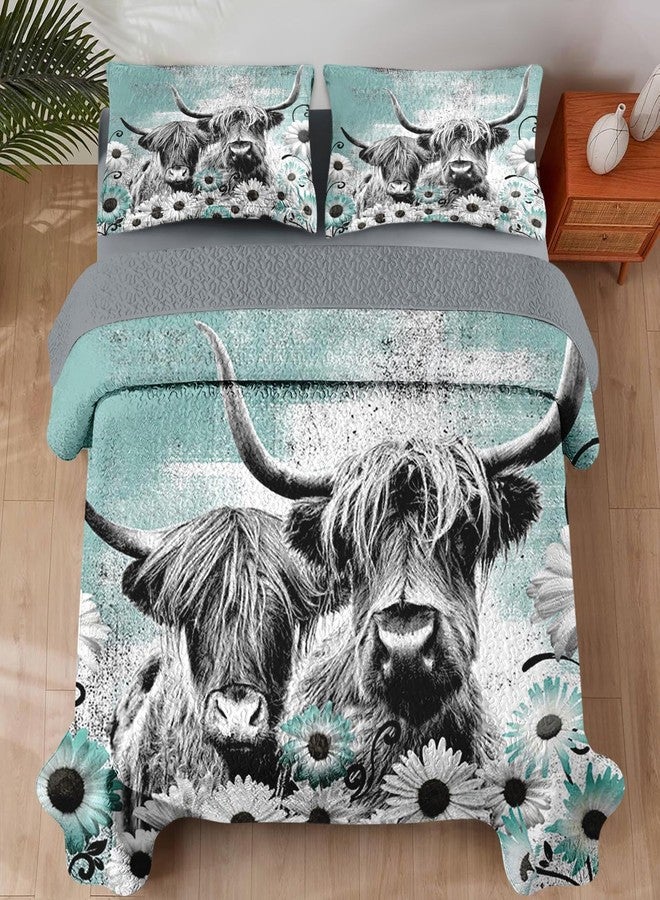Pamnest Quilt Set King Size, Highland Cow Animal 3 Pcs Soft Bed Cover Bedding Set for Kids and Adults, Farm Daisy Lightweight Bedspread Coverlet with Pillow Sham for All Season - Image 3