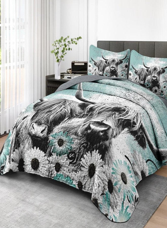 Pamnest Quilt Set King Size, Highland Cow Animal 3 Pcs Soft Bed Cover Bedding Set for Kids and Adults, Farm Daisy Lightweight Bedspread Coverlet with Pillow Sham for All Season - Image 2