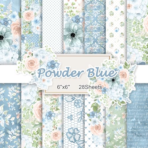 Naszonus 28 Sheets Scrapbook Paper, Floral Scrapbooking Specialty Papers 160gsm Cardmaking Craft Paper Pack Decorative Paper for Card Making (6"X6" Inch, Powder Blue Flowers) - Image 1