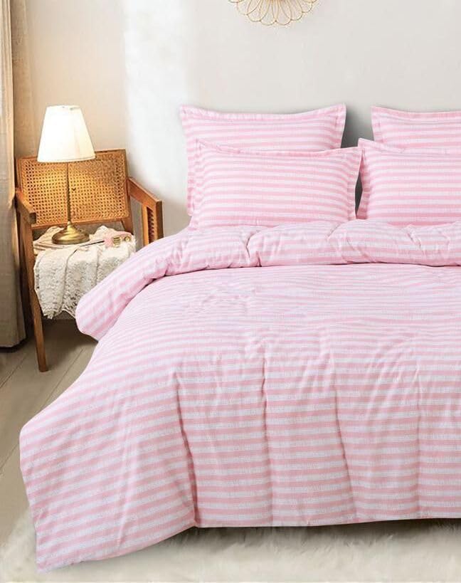 DECOR2ADMIRE مجموعة شراشف سرير مزدوج مطبوعة من قطن DECOR2ADMIRE بعدد خيوط 300 بحجم كوين مع غطاءين وسادة للمنزل - (خطوط وردية فاتحة، 60" x 78" +8" ملائمة) - Image 3