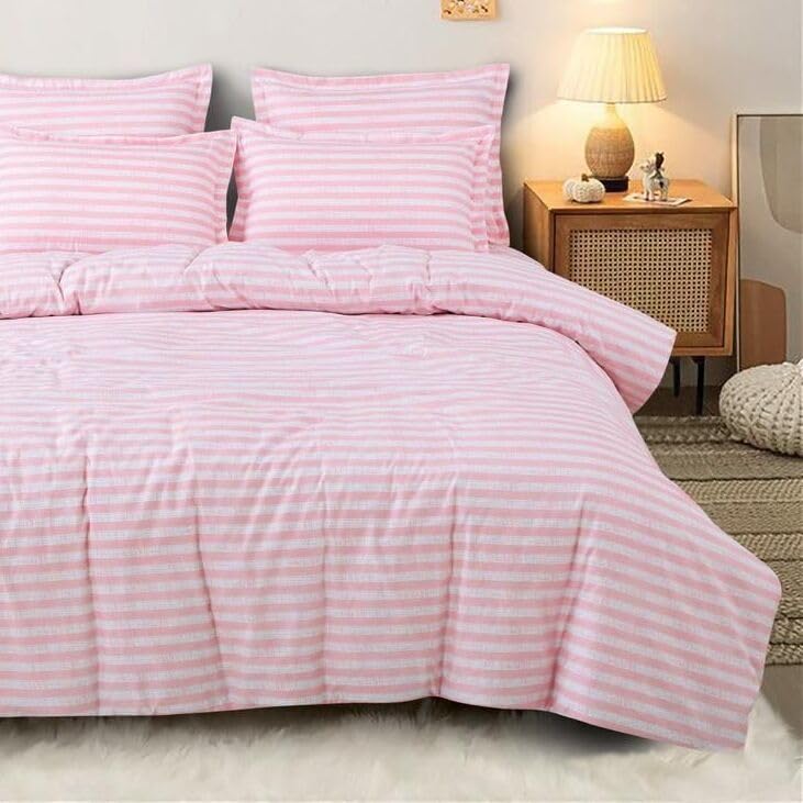 DECOR2ADMIRE مجموعة شراشف سرير مزدوج مطبوعة من قطن DECOR2ADMIRE بعدد خيوط 300 بحجم كوين مع غطاءين وسادة للمنزل - (خطوط وردية فاتحة، 60" x 78" +8" ملائمة) - Image 2