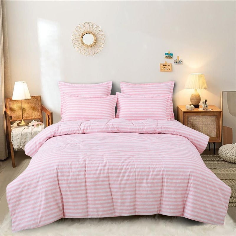 DECOR2ADMIRE مجموعة شراشف سرير مزدوج مطبوعة من قطن DECOR2ADMIRE بعدد خيوط 300 بحجم كوين مع غطاءين وسادة للمنزل - (خطوط وردية فاتحة، 60" x 78" +8" ملائمة) - Image 1