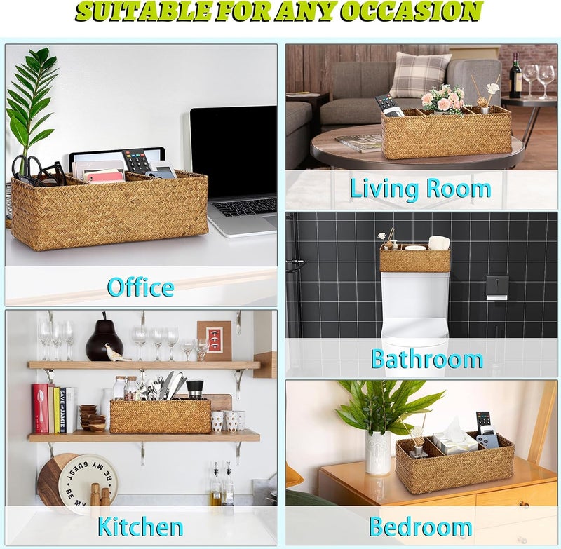 ELLDOO Woven Seagrass Wicker Rattan Storage Basket, Large Capacity Coffee Pod Holder Organizer for K Cup Nespresso Pods, 3-Section Seagrass Storage Box for Coffee bar Shelves Kitchen Cabinets,Brown - Image 5