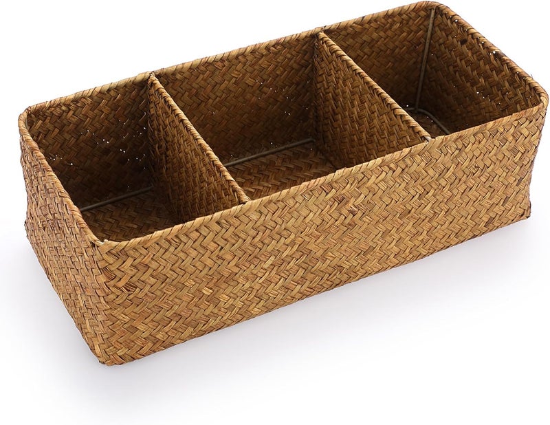 ELLDOO Woven Seagrass Wicker Rattan Storage Basket, Large Capacity Coffee Pod Holder Organizer for K Cup Nespresso Pods, 3-Section Seagrass Storage Box for Coffee bar Shelves Kitchen Cabinets,Brown - Image 1