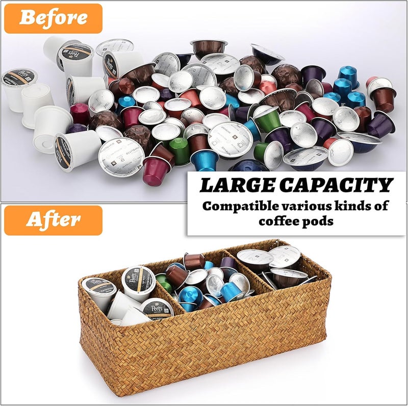 ELLDOO Woven Seagrass Wicker Rattan Storage Basket, Large Capacity Coffee Pod Holder Organizer for K Cup Nespresso Pods, 3-Section Seagrass Storage Box for Coffee bar Shelves Kitchen Cabinets,Brown - Image 3