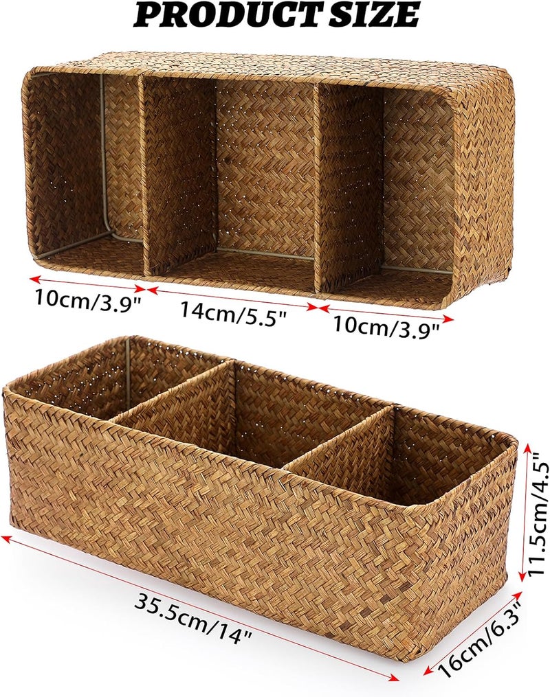 ELLDOO Woven Seagrass Wicker Rattan Storage Basket, Large Capacity Coffee Pod Holder Organizer for K Cup Nespresso Pods, 3-Section Seagrass Storage Box for Coffee bar Shelves Kitchen Cabinets,Brown - Image 2