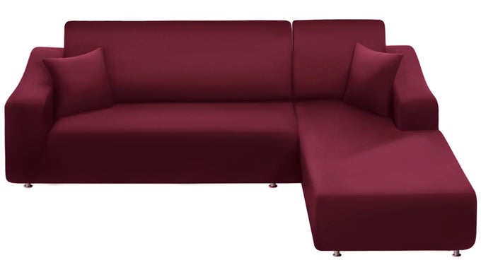 COUCH COVER L SHAPE 2 PIECES SOFA COVER SOFT STRETCH SLIPCOVERS WITH 2PCS PILLOWCASES FURNITURE PROTECTOR SECTIONAL COUCH COVERS 3 SEATER 3 SEATERBURGUNDY