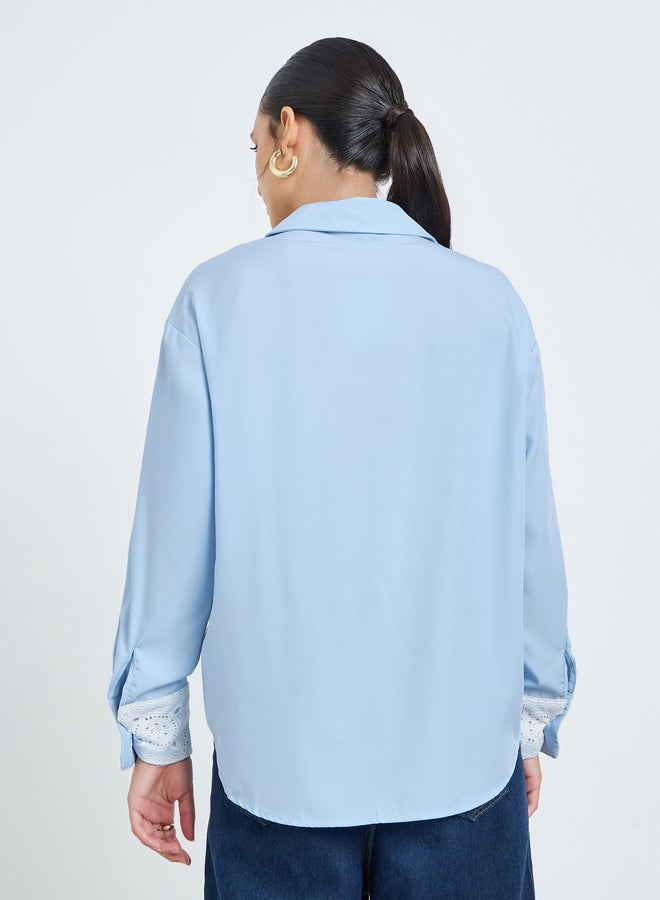 Styli Blue Shirt with Lace Embellished Cuffs - Image 5