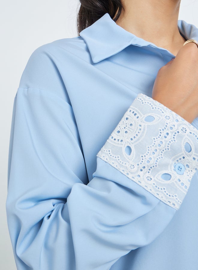 Styli Blue Shirt with Lace Embellished Cuffs - Image 4