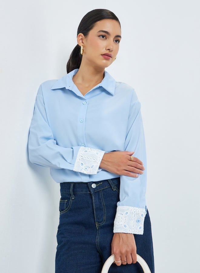 Styli Blue Shirt with Lace Embellished Cuffs - Image 3