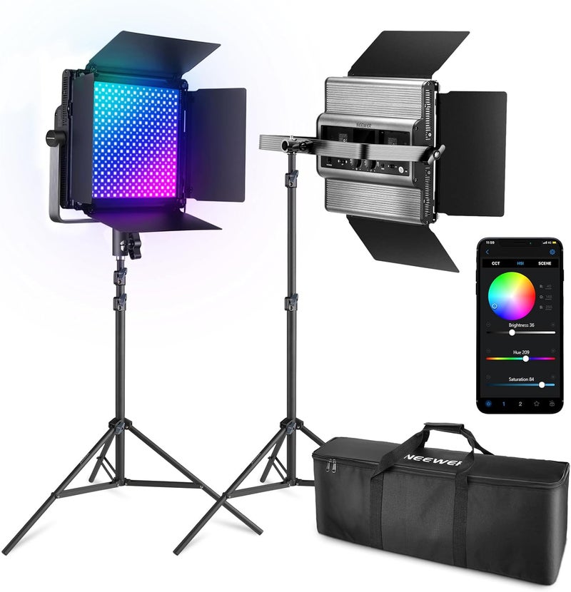 NEEWER 2-Pack RGB1200 LED Video Light with APP/2.4G Control, 60W 22000Lux Dimmable 2500K~8500K Key Light Kit with Tripod Stands & Bag, 360° Full RGB, CRI97+ TLCI98+ for Streaming, Video Recording, Photography, Studio Lighting - Image 1