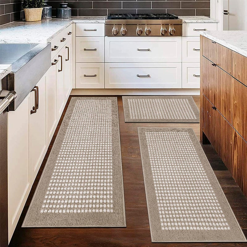 Ileading Kitchen Mat Sets 3 Piece Minimalist 3D Lattice Kitchen Floor Rugs with Non Slip Rubber Backing Machine Washable Farmhouse Runner Rugs for Laundry Hallway DoormatBeige