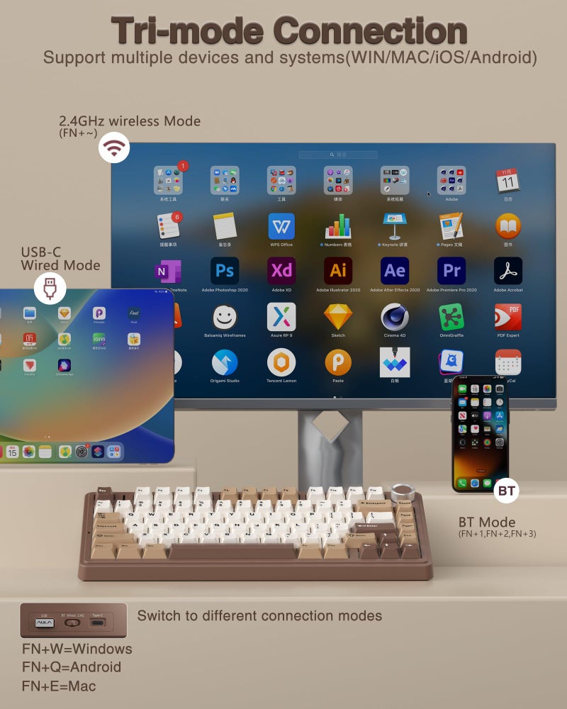 Aula F75 Wireless Mechanical Keyboard,Creamy Keyboard with RGB Backlit Hot Swappable, 81 Keys 75% Layout Gaming Keyboard, Bluetooth/2.4GHz/Type-C, Creamy Sounding-Gradient Grey - Image 3