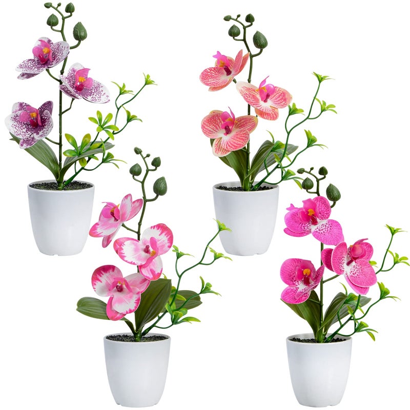 زهور الأوركيد الاصطناعية XONOR 4 قطع في أصيص صغير زهور الأوركيد المزيفة مع مزهرية بلاستيكية لتزيين مكاتب المنزل وحفلات الزفاف باللون الأرجواني والأحمر