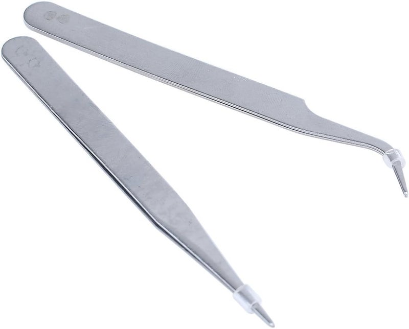 2 Nail Art Tweezers Curved Straight Pointed Ongles (silver)