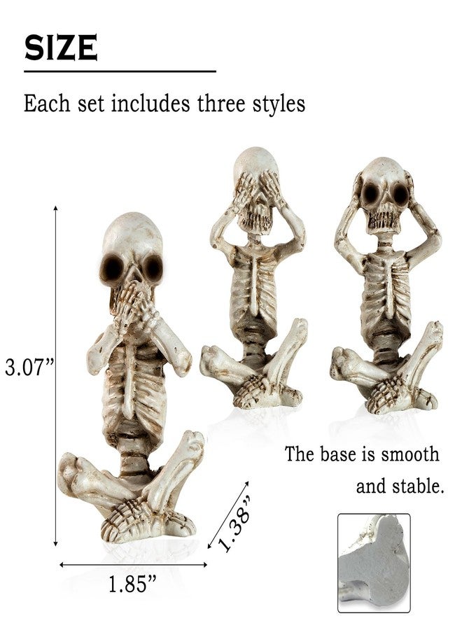 IBWell Set of 3 Mini Skeletons Statue “Hear See Speak No Evil” Sitting Skulls Figurines for Halloween Gothic Small Resin Skeletal Creepy Spooky Sculpture Home Decoration - Image 2