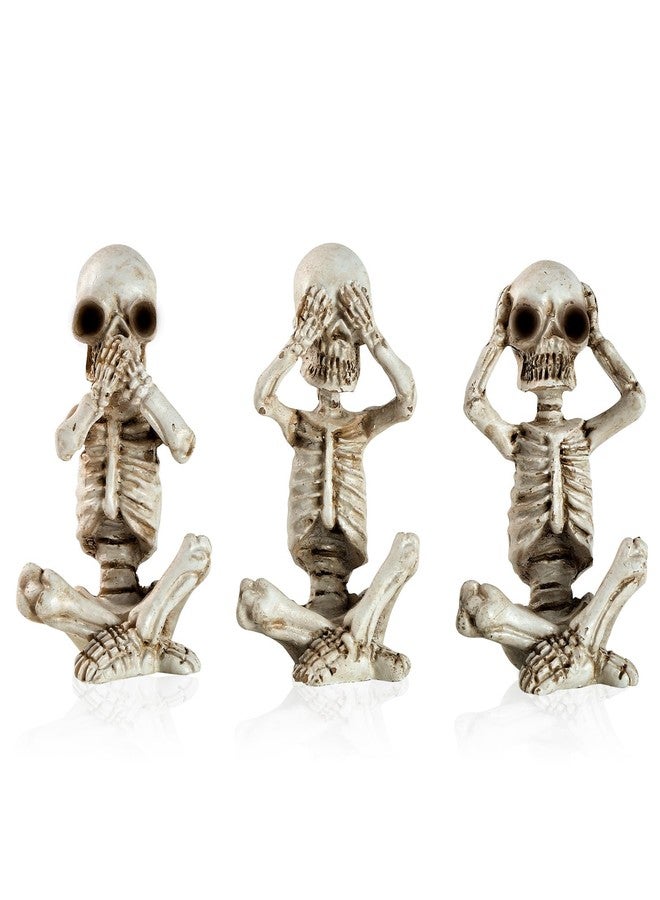 IBWell Set of 3 Mini Skeletons Statue “Hear See Speak No Evil” Sitting Skulls Figurines for Halloween Gothic Small Resin Skeletal Creepy Spooky Sculpture Home Decoration - Image 1