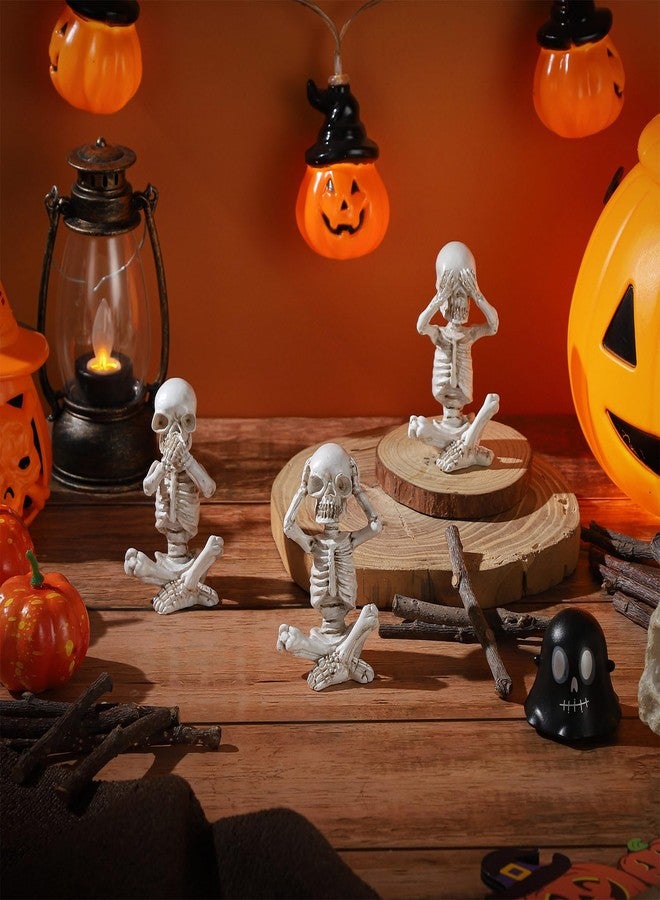 IBWell Set of 3 Mini Skeletons Statue “Hear See Speak No Evil” Sitting Skulls Figurines for Halloween Gothic Small Resin Skeletal Creepy Spooky Sculpture Home Decoration - Image 3
