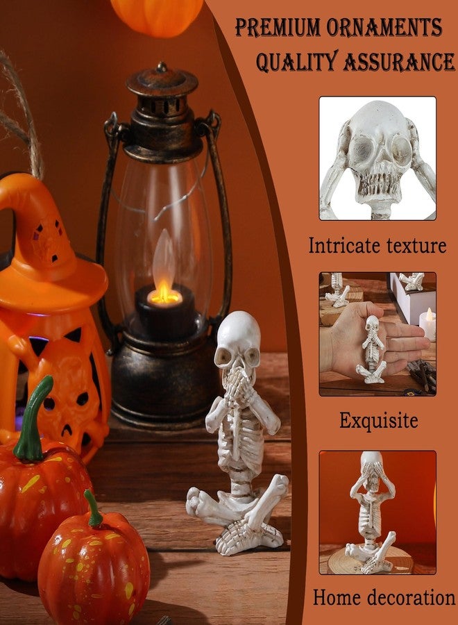 IBWell Set of 3 Mini Skeletons Statue “Hear See Speak No Evil” Sitting Skulls Figurines for Halloween Gothic Small Resin Skeletal Creepy Spooky Sculpture Home Decoration - Image 4