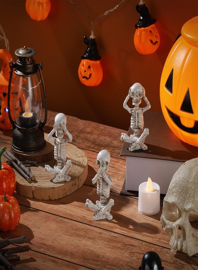 IBWell Set of 3 Mini Skeletons Statue “Hear See Speak No Evil” Sitting Skulls Figurines for Halloween Gothic Small Resin Skeletal Creepy Spooky Sculpture Home Decoration - Image 5