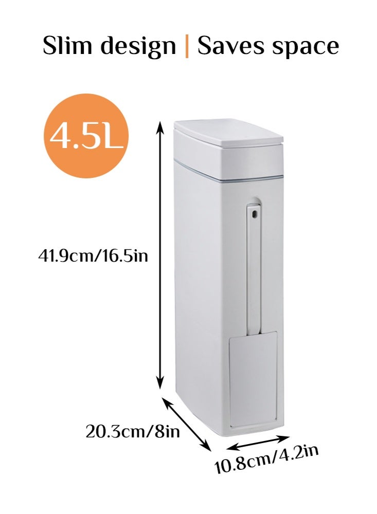 أوبتيا سلة مهملات حمام رفيعة، سلة مهملات حمام رفيعة مع مجموعة فرشاة وحامل قمامة بلاستيكية رفيعة مستطيلة الشكل للمرحاض سلة قمامة بلاستيكية من النوع الضاغط سعة 4.5 لتر / 1.2 جالون - Image 5