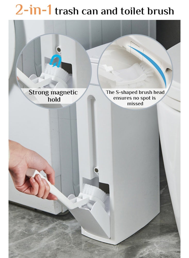 أوبتيا سلة مهملات حمام رفيعة، سلة مهملات حمام رفيعة مع مجموعة فرشاة وحامل قمامة بلاستيكية رفيعة مستطيلة الشكل للمرحاض سلة قمامة بلاستيكية من النوع الضاغط سعة 4.5 لتر / 1.2 جالون - Image 3