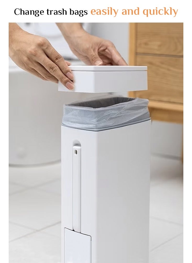 أوبتيا سلة مهملات حمام رفيعة، سلة مهملات حمام رفيعة مع مجموعة فرشاة وحامل قمامة بلاستيكية رفيعة مستطيلة الشكل للمرحاض سلة قمامة بلاستيكية من النوع الضاغط سعة 4.5 لتر / 1.2 جالون - Image 4